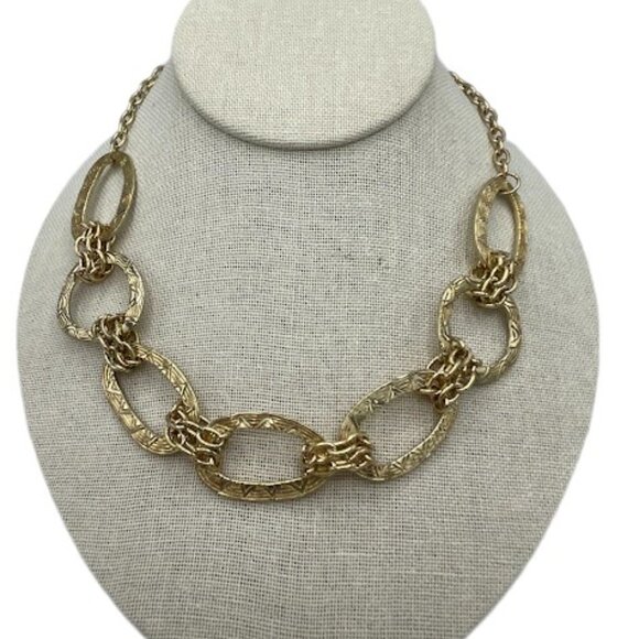 Gold Tone Chunky Stamped Wide Chain Link Necklace 22 in Shiny Textured Modern - Picture 6 of 6